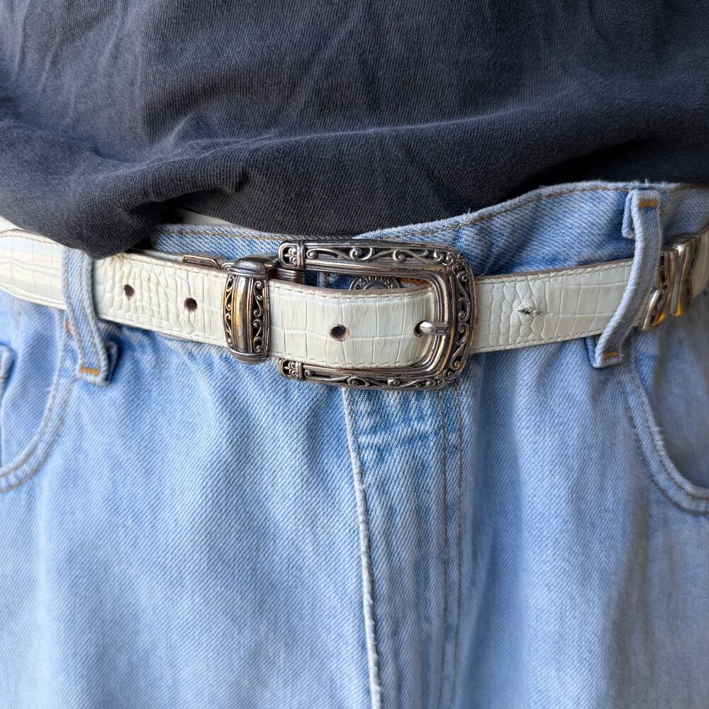 Vintage 90s Western Reversible Leather Belt Ornate Silver Buckle 36